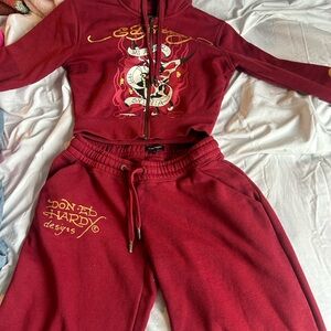 Ed Hardy Red Tracksuit with Gold Accents